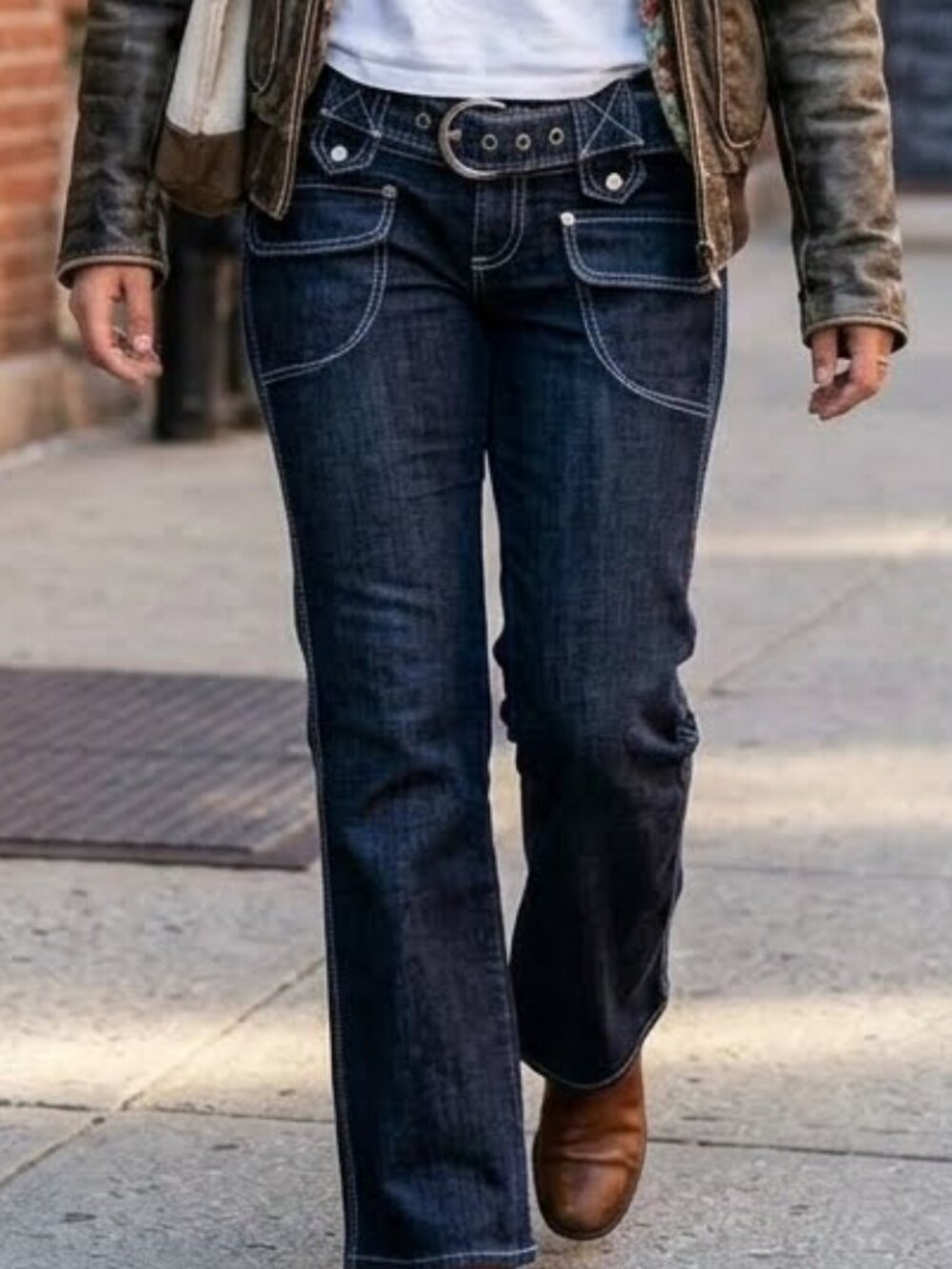 Boom Boom Women's Low Rise Denim Jeans With Belt Size 1 Flared Bush Jeans Y2K